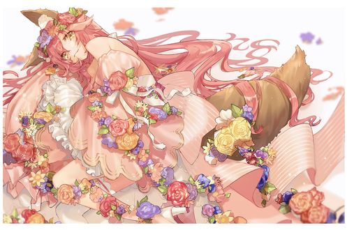 Обои на рабочий стол Длинноволосая Fox Girl / девочка-лиса в розовом платье с цветами