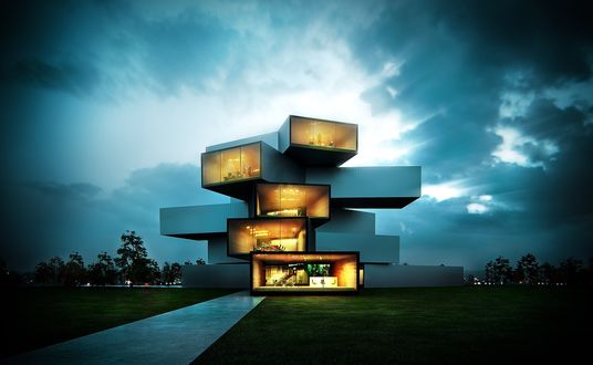 Обои на рабочий стол Пятиэтажное здание в стиле Modern House по среди зеленого газона на фоне неба и деревьев