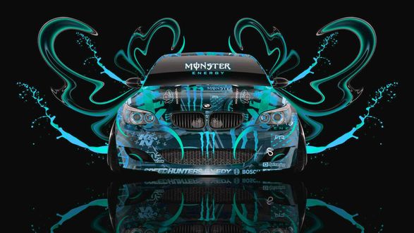 Обои на рабочий стол Передняя часть BMW M5, Е60 с аэрографией и рекламой на черном фоне с цветными линиями, (Monster Energy / энергия монстра)