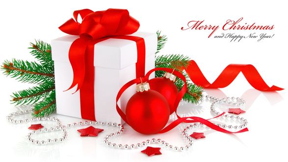 Обои на рабочий стол Коробка с красной лентой, шары и ветка елки, (Merry Christmas, Happy-New-Year / С Новым годом, Рождеством)