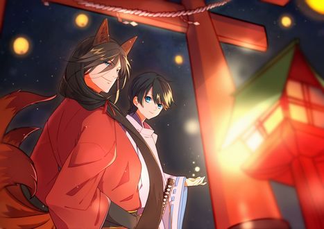 Обои на рабочий стол Два парня у красных ворот торий- персонажи из игры Touken Ranbu / Танец мечей