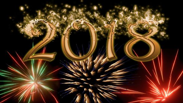 Обои на рабочий стол Фейеверк и надпись 2018