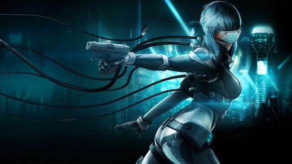 Обои на рабочий стол Девушка - киборг из игры First Assault Online, развернувшись, целится из пистолета