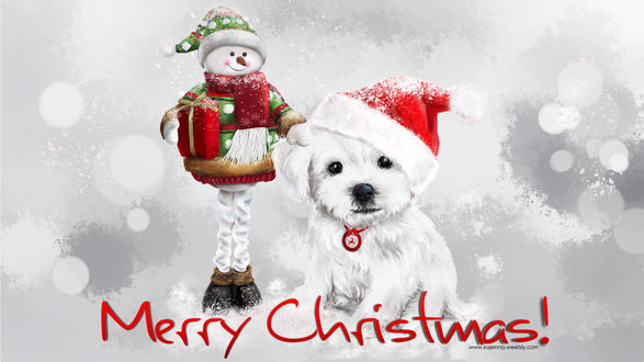 Обои на рабочий стол Щенок в новогодней шапке рядом со снеговиком, (Merry christmas / счастливого Рождества), by Kajenna