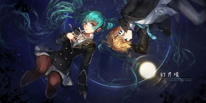 Обои на рабочий стол Вокалоиды / Vocaloid Мику Хатсуне / Hatsune Miku и Kagamine Len в школьной форме лежат в воде, art by swd3e2