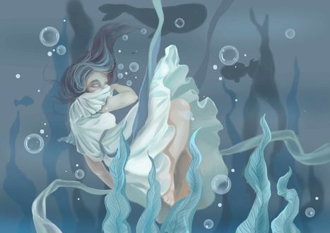 Обои на рабочий стол Длинноволосая девушка в белом платье под водой, by Silent-Flowers