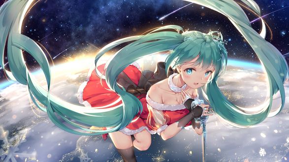 Обои на рабочий стол Vocaloid Hatsune Miku / Вокалоид Хатсуне Мику с микрофоном на фоне Земли в космосе со снежинками