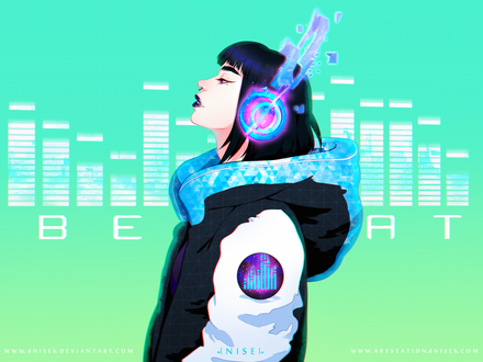 Обои на рабочий стол Девушка в неоновых наушниках (Beat), by dNiseb