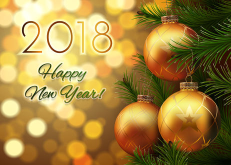 Обои на рабочий стол Новогодние шары на веточке ели (2018 Happy New Year / счастливого Нового года)