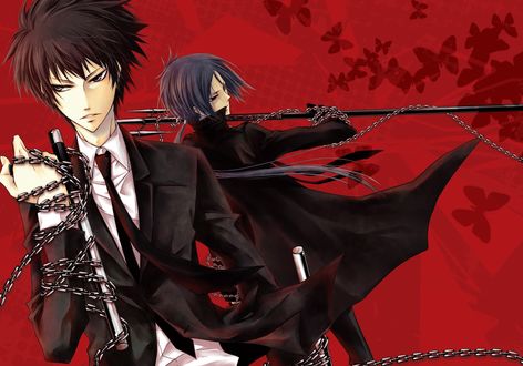 Обои на рабочий стол Хибари Кея / Hibari Kyoya и Рокудо Мукуро / Rokudou Mukuro с оружием на красном фоне из аниме Учитель-мафиози Реборн! / Katekyo Hitman Reborn!