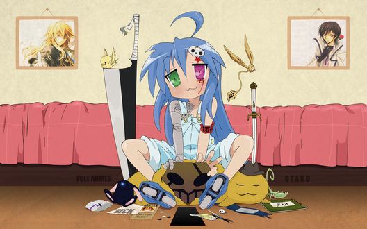 Обои на рабочий стол Konata Izumi / Коната Идзуми из аниме Lucky Star / Лаки Стар / Счастливая Звезда сидит на полу в своей комнате среди предметов из других популярных анеме