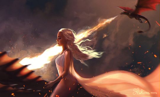 Обои на рабочий стол Daenerys Targaryen / Дейнерис Таргариен летит на драконе из сериала Игра престолов / Game of Thrones