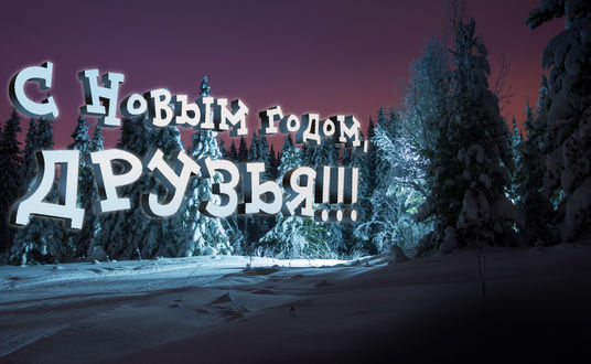 Обои на рабочий стол Надпись с Новым годом, друзья! на фоне елей в снегу. Фотограф Федотов Сергей