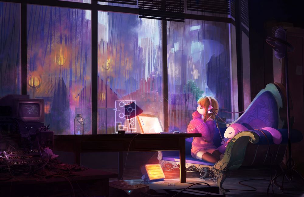 Обои для рабочего стола Аташи из аниме Чобиты / Chobits смотрит в окно на вечерний город под дождем, by oright