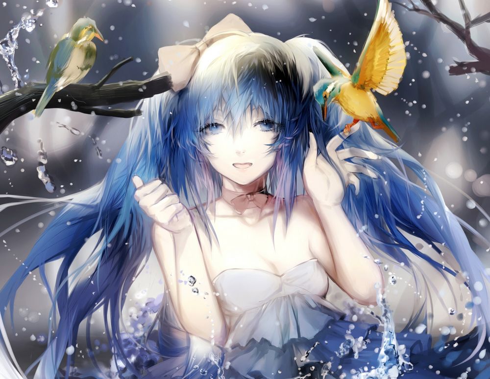 Обои для рабочего стола Vocaloid Hatsune Miku / Вокалоид Хатсуне Мику с птичками в брызгах воды, by Sayuki