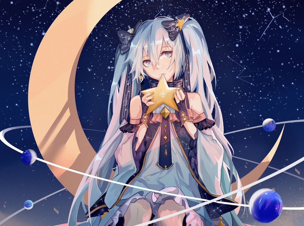 Обои для рабочего стола Vocaloid Xingchen / Вокалоид Ксингчен держит звезду, сидя на месяце, на фоне звездного неба