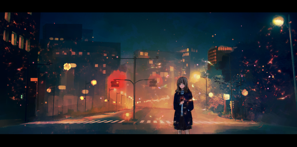 Обои для рабочего стола Девушка стоит на фоне ночного города