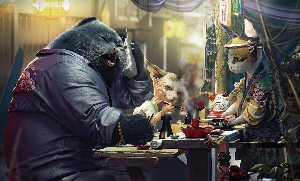 Обои для рабочего стола Кошачий босс с приятелем едят в улочной японской закусочной, Moments of cat planet / Моменты на планете кота