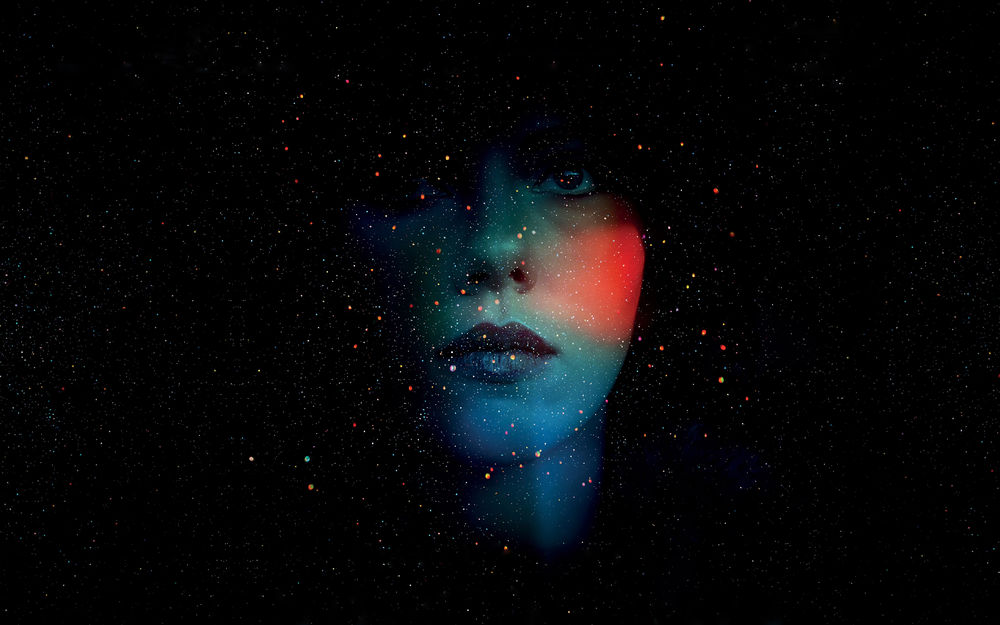 Обои для рабочего стола Лицо Scarlett Johansson / Скарлетт Йоханссон на фоне космического пространства, фотохудожник Anuraj Sharma