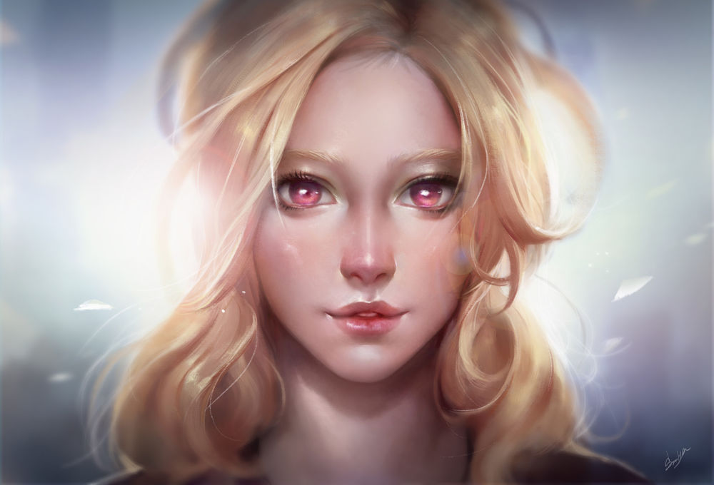Обои для рабочего стола Белокурая девушка с розовыми глазами, by Sariya Asavametha
