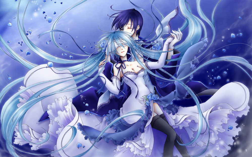 Обои для рабочего стола Вокалоиды / Vocaloid Мику Хатсуне / Hatsune Miku и Кайто / Kaito танцуют