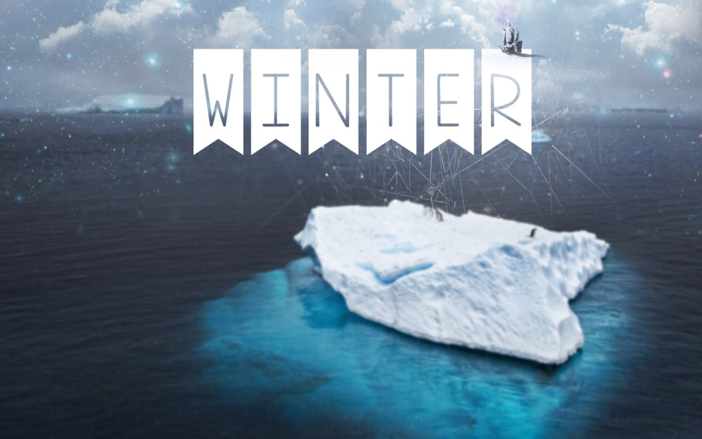 Обои для рабочего стола Слово Winter / зима на флажках на фоне неба и айсбергов