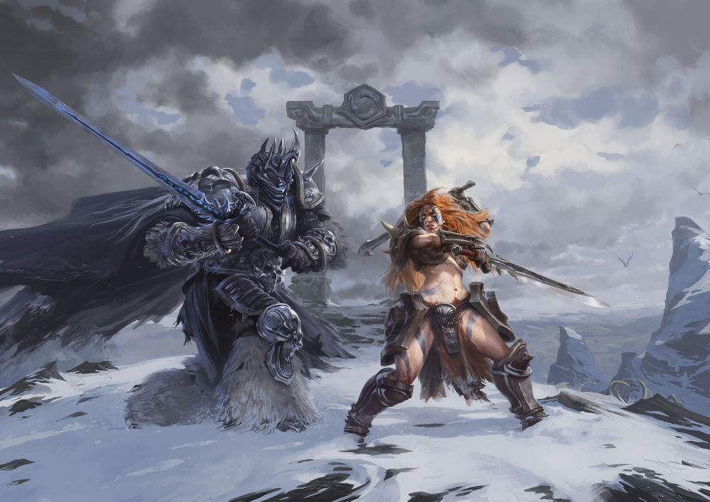 Обои для рабочего стола Бой на заснеженной горе кронпринца Arthas / Артаса и рыжеволосой Sonya / Сони из игры Heroes of the Storm / Герои шторма