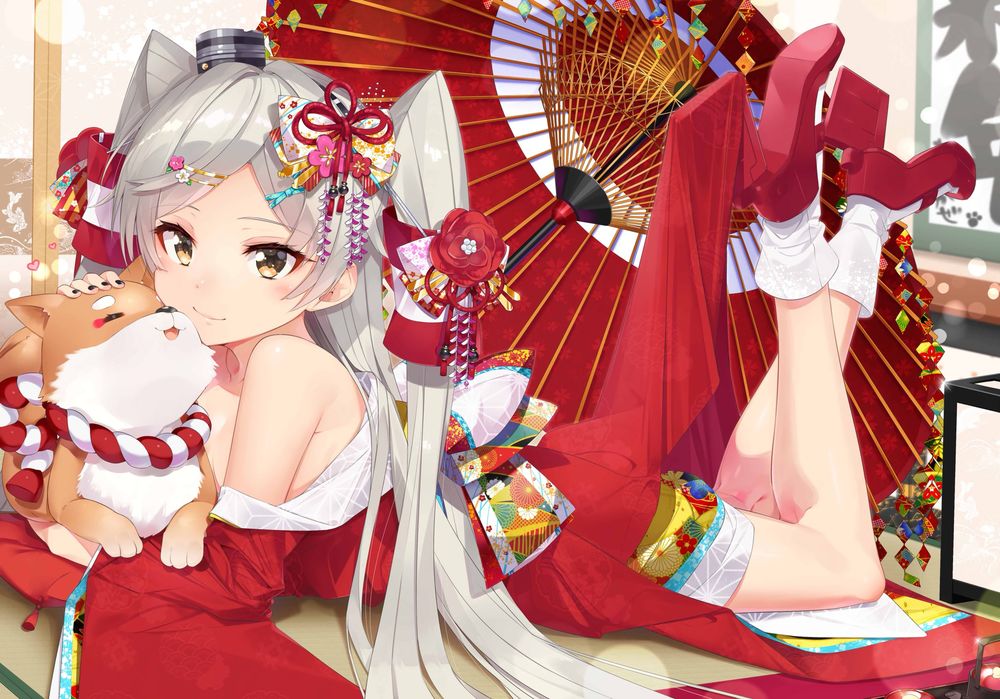 Обои для рабочего стола Amatsukaze / Аматсуказе со щенком, в новогоднем наряде, под зонтом, персонаж из игры Kantai Collection / Флотская коллекция, art by Nezumi Doshi