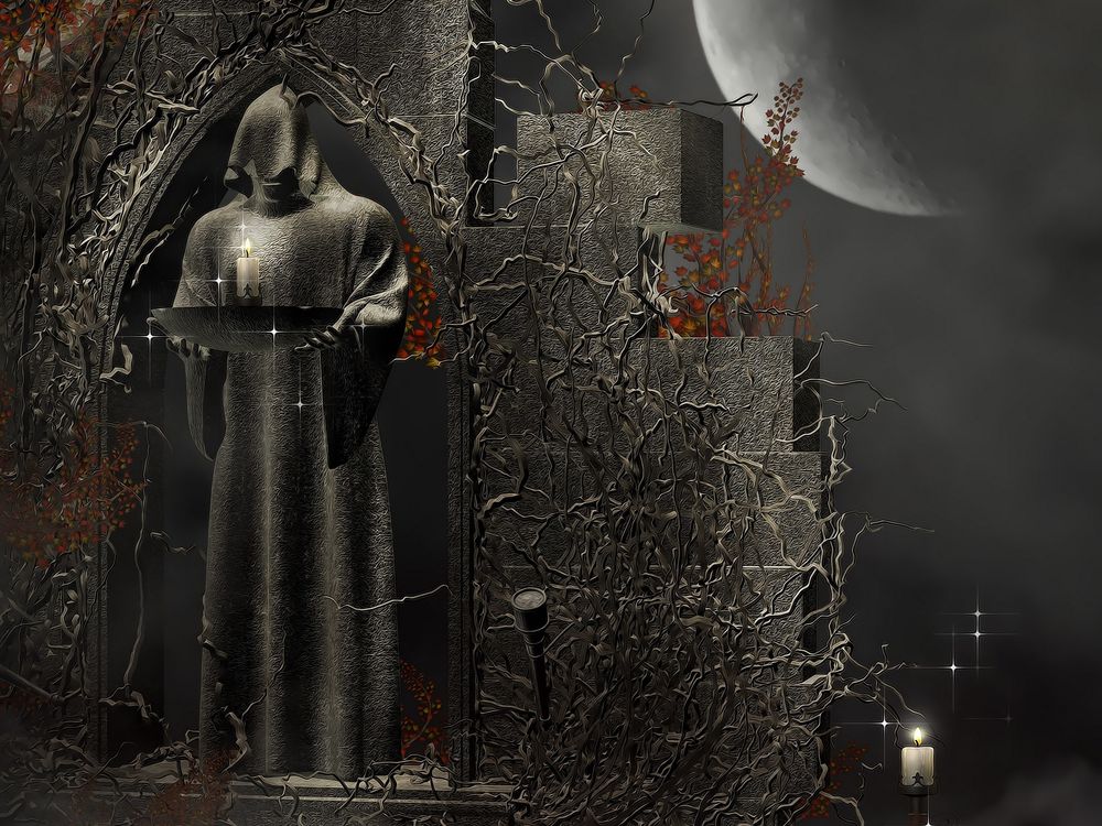 Обои для рабочего стола Человек в балахоне с подносом и зажженной свечой стоит в каменной арке, в тумане, на фоне сумрачной луны
