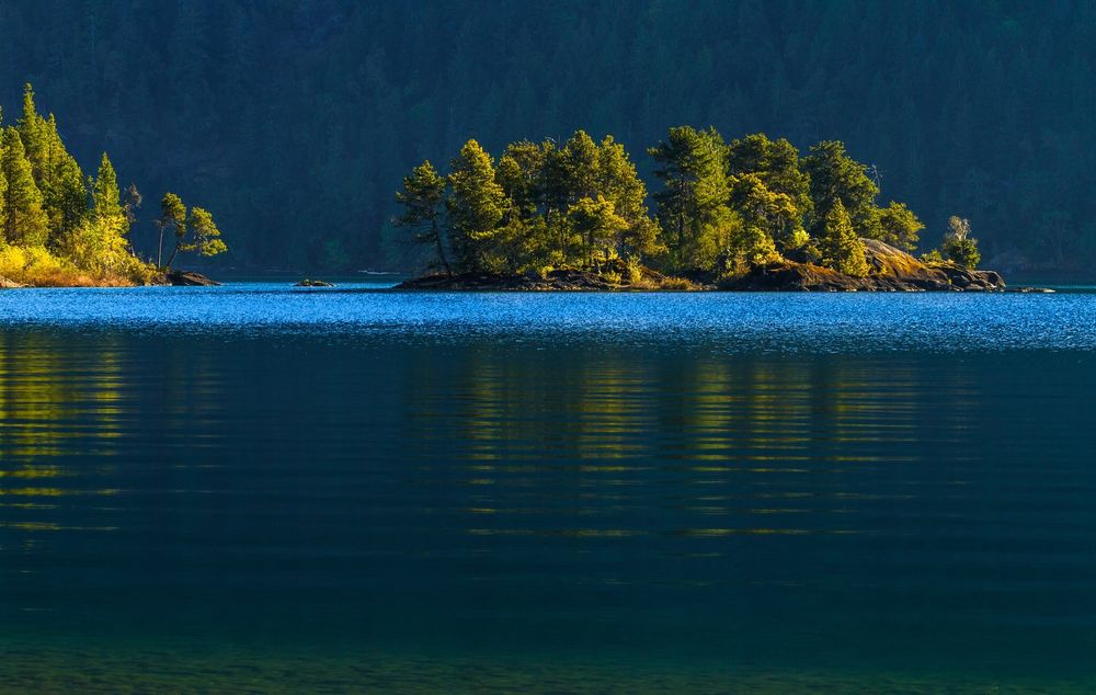 Обои для рабочего стола Островки с деревьями на озере Cowichan Lake, Canada / Коуичен-Лейк, Канада