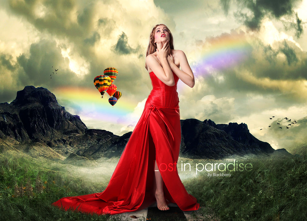 Обои для рабочего стола Девушка в красном платье смотрит в небо на фоне радуги в небе, летящих воздушных шаров и птиц, Lost in paradise / Потеряна в раю, by Blackberry