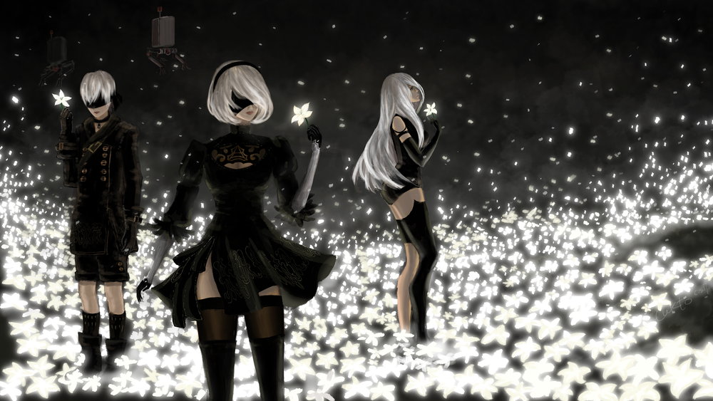 Обои для рабочего стола YoRHa №2 тип A, YoRHa №2 тип B и YoRHa №9 тип S из игры NieR: Automata, by Lukto