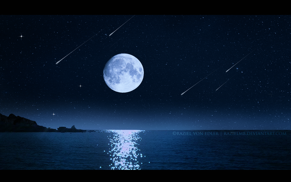 Обои для рабочего стола Полная луна на небе и ее отражение на воде, by Ellysiumn