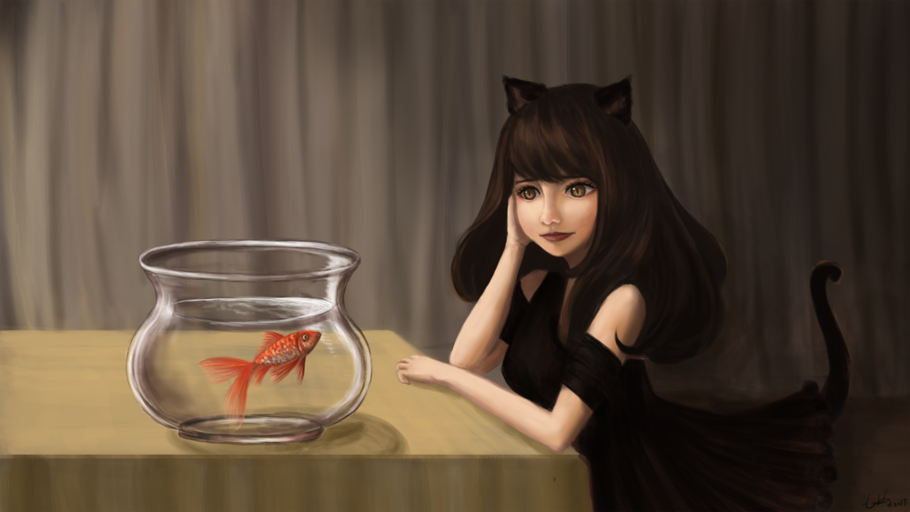 Обои для рабочего стола Длинноволосая девушка-нэко в черном платье сидит за столом с аквариум с рыбкой на нем, by Lukto