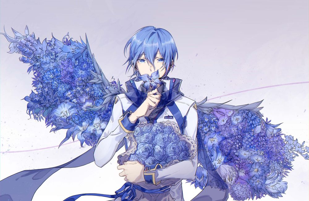 Обои для рабочего стола Vocaloid Kaito Shion / Вокалоид Кайто Шион с букетом голубых роз и голубыми крыльями из цветов за спиной