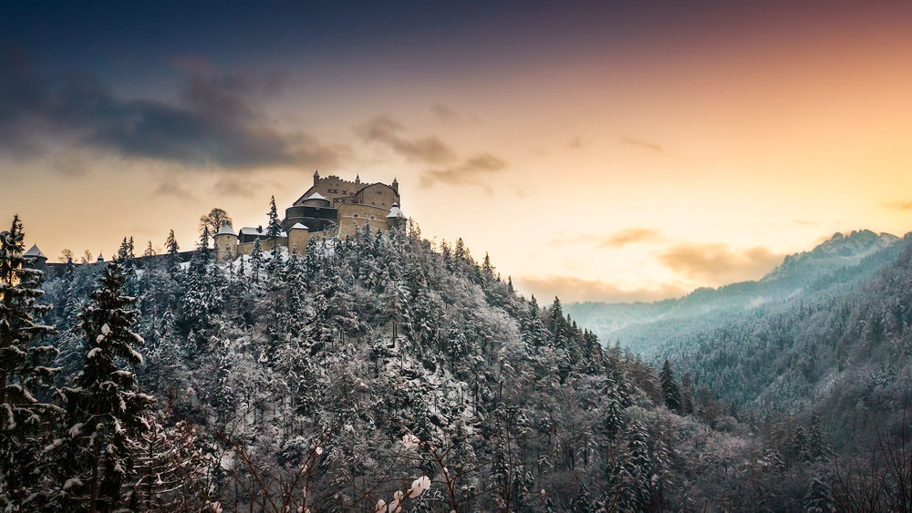 Обои для рабочего стола Замок Hohenwerfen Castle, Austria / Хоэнверфен, в Австрии зимой, by Croosterpix