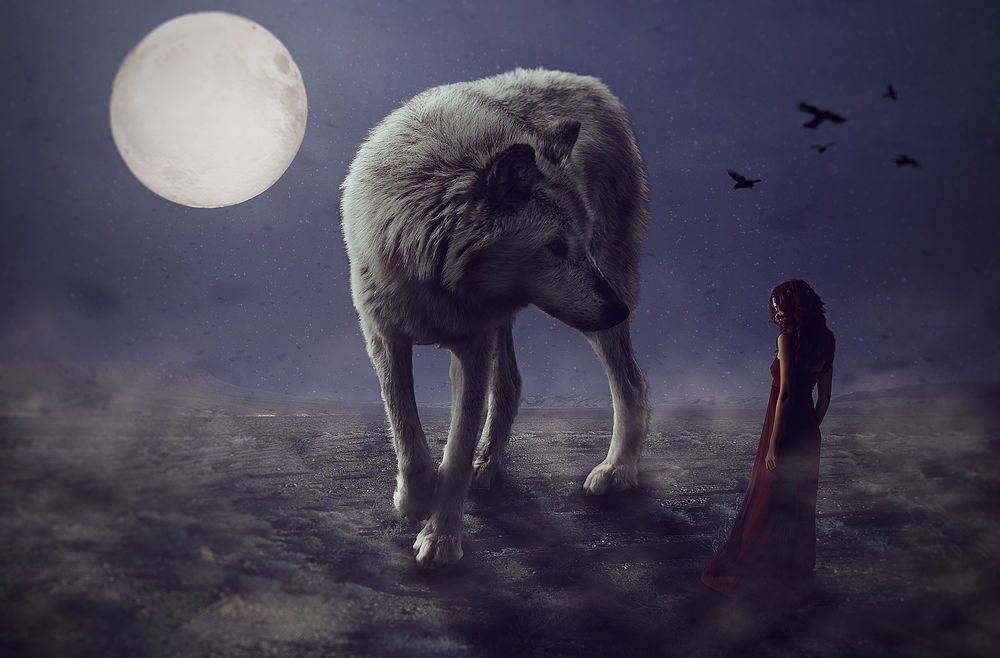 Обои для рабочего стола Девушка стоит перед огромным волком на фоне полной луны, by pradasgarcia