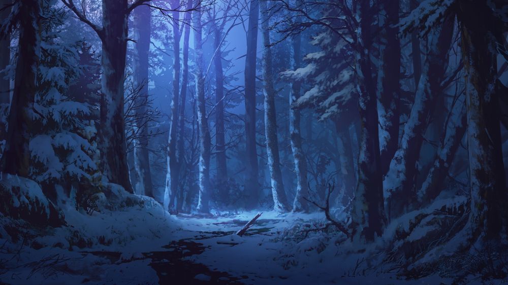 Обои для рабочего стола Нарисованный зимний лес ночью, by Adai Ikue
