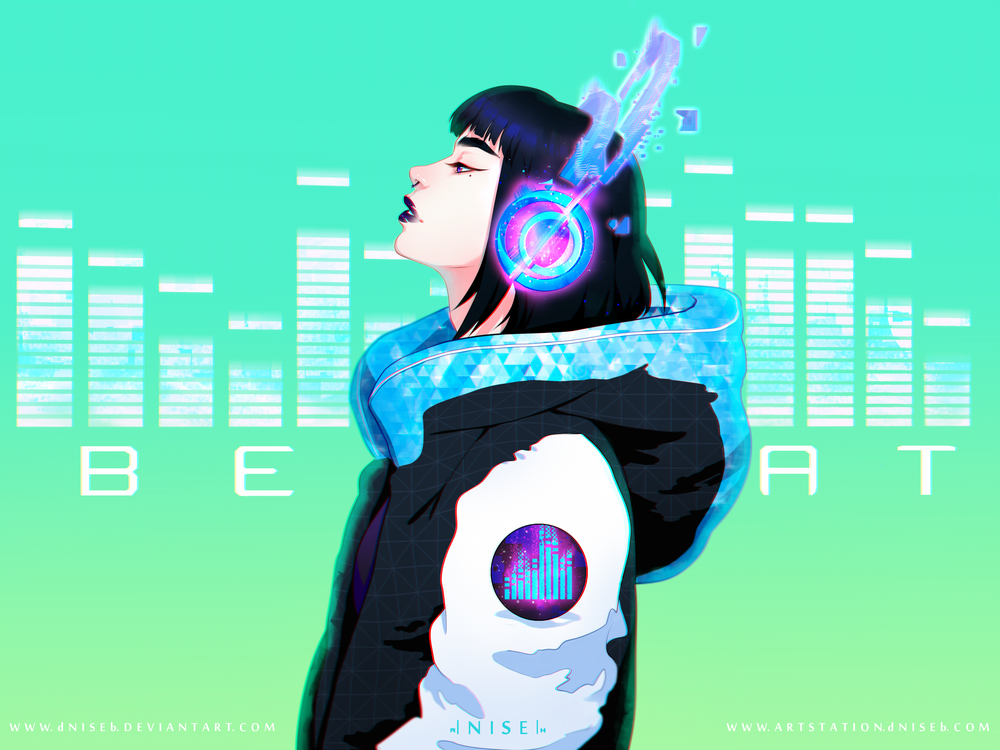 Обои для рабочего стола Девушка в неоновых наушниках (Beat), by dNiseb