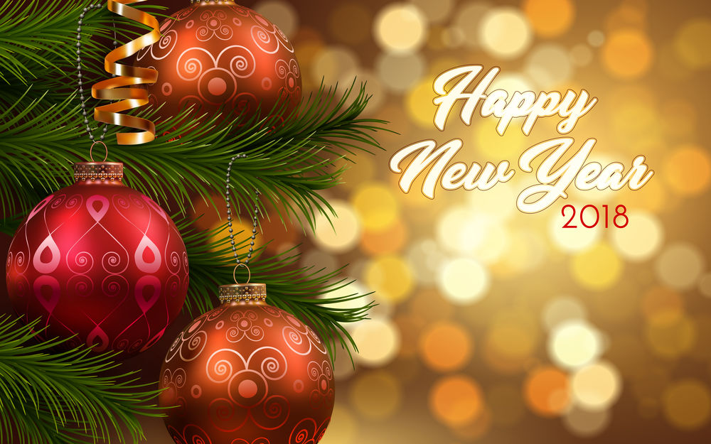 Обои для рабочего стола Новогодние шары на веточке ели (Happy New Year 2018 / счастливого Нового года)