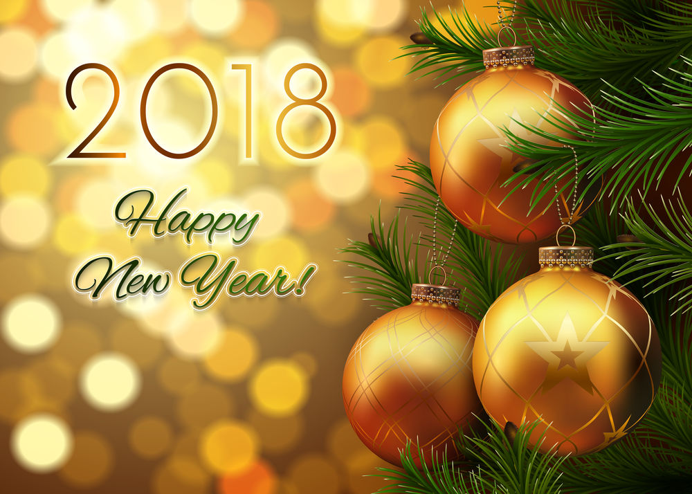 Обои для рабочего стола Новогодние шары на веточке ели (2018 Happy New Year / счастливого Нового года)