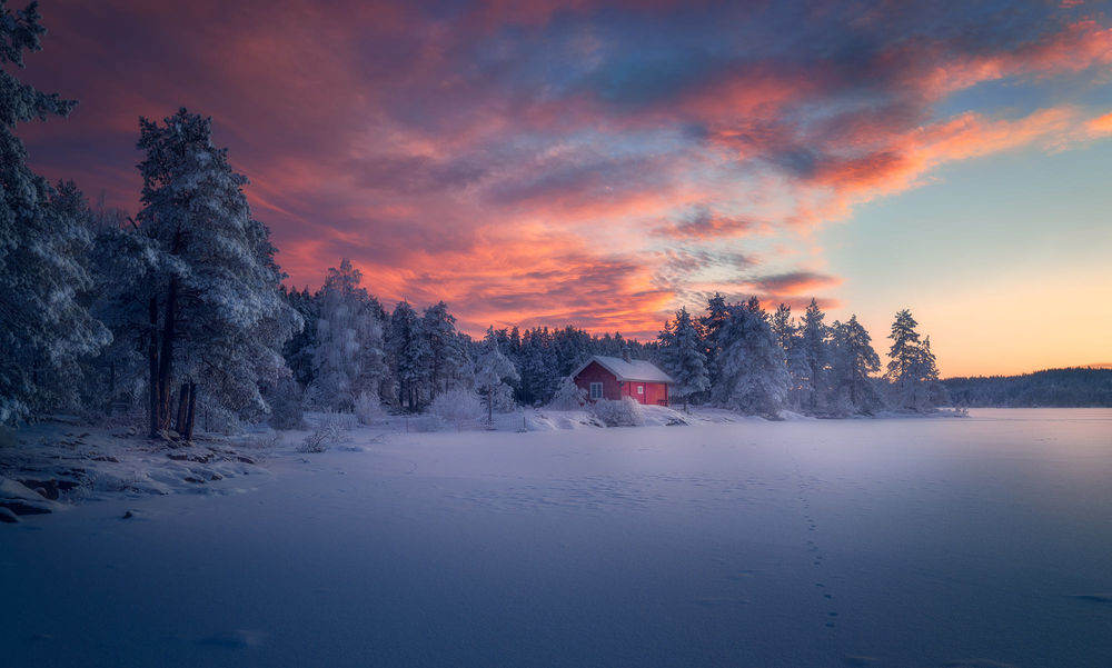 Обои для рабочего стола Домик у леса, зима на Ringerike, Norway / Ringerike, Норвегия, фотограф Ole Henrik Skjelstad