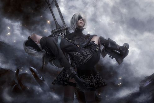 Обои на рабочий стол Косплей YoRHa №2 тип B и YoRHa №9 тип S из игры NieR: Automata
