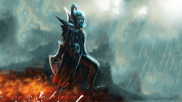 Обои на рабочий стол Phantom assassin / Фантом ассассин с оружием идет под дождем, из игры Dota 2 / Дота 2