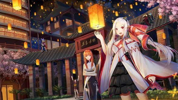 Обои на рабочий стол Беловолосая Neko girl / неко-девочка запускает в ночное небо бумажный фонарик, стоя у японского храма на городской улице