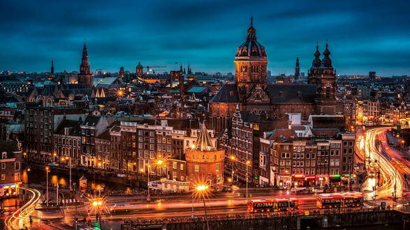 Обои на рабочий стол Город Амстердам / Amsterdam вечером, Нидерланды / Netherlands