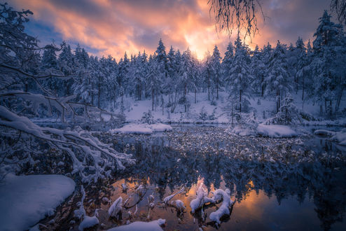 Обои на рабочий стол Зима на озере Ringerike, Norway / Ringerike, Норвегия. Фотограф Ole Henrik Skjelstad