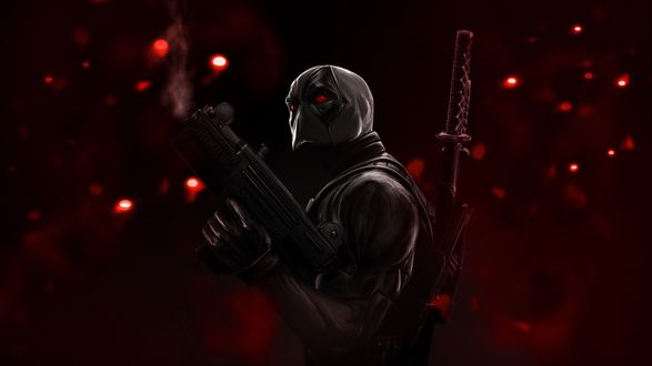 Обои на рабочий стол Deadpool / Дэдпул из одноименной игры на фоне боке с огненными бликами