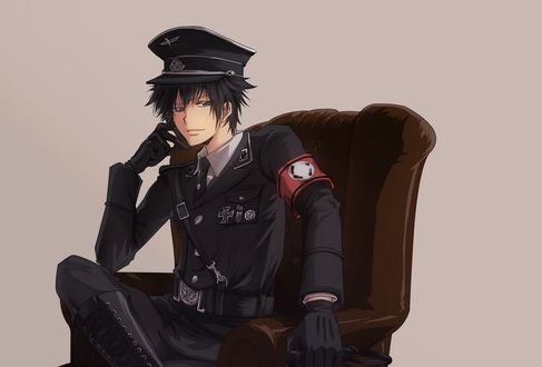 Обои на рабочий стол Хибари Кея / Hibari Kyoya в военной форме сидит в кресле из аниме Учитель-мафиози Реборн! / Katekyo Hitman Reborn!