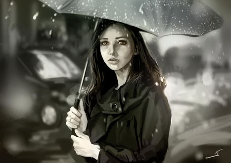 Обои на рабочий стол Девушка с зонтом под дождем, by jaychua